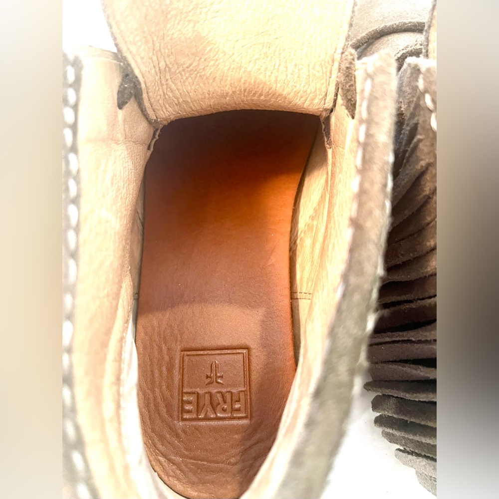 Frye Grayish Taupe Suede Fringe High-Top Boots - Picture 12 of 15
